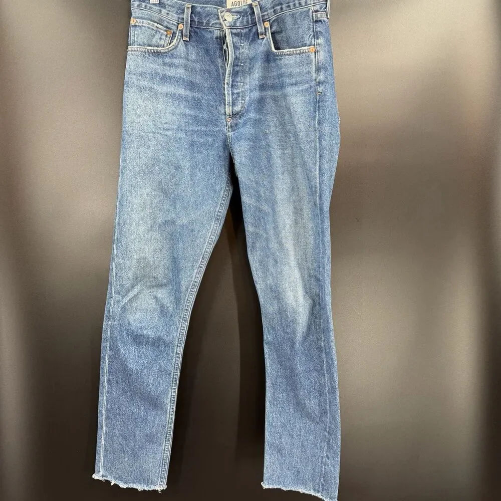 AGOLDE Sz 28 Jamie Jeans High Rise Straight Leg Distressed Medium Wash Denim